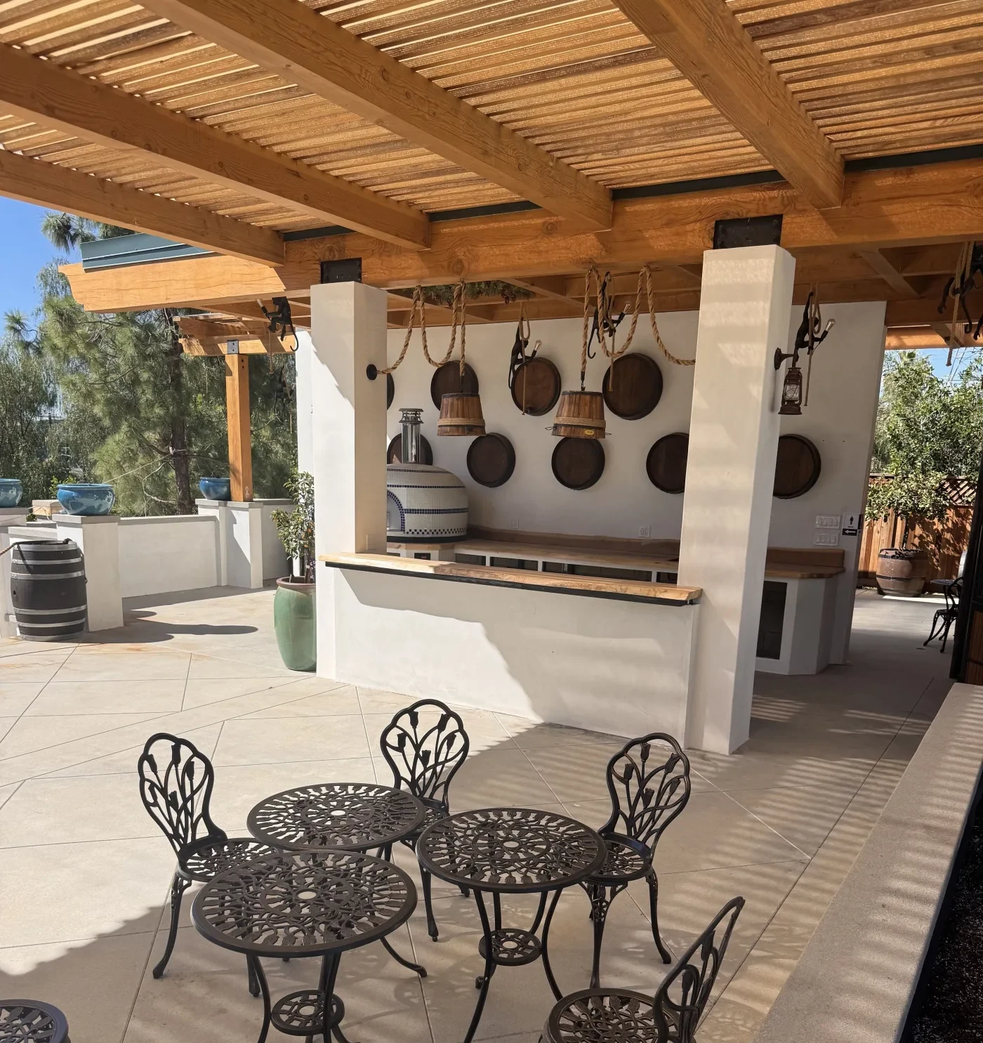 The covered rustic patio at Amara Estate